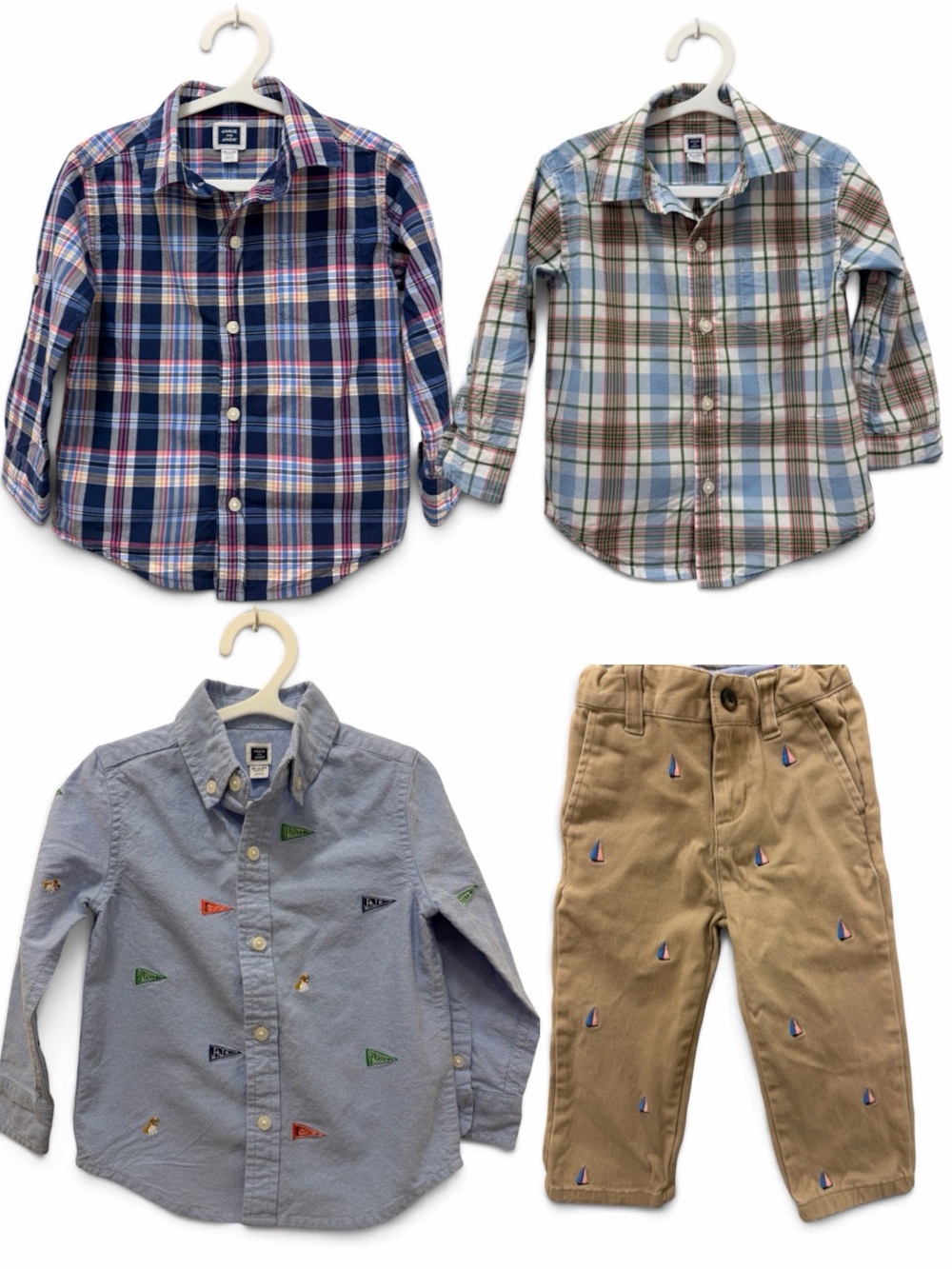 Janie and Jack Plaid & Embroidered Button-Down Set in Blue, Tan, Green